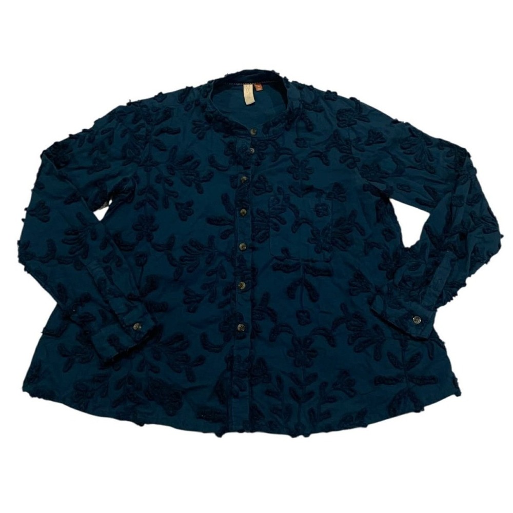 Pilcro Button Down Blouse XS Teal Blue Embroidered Cotton Boho Cottagecore